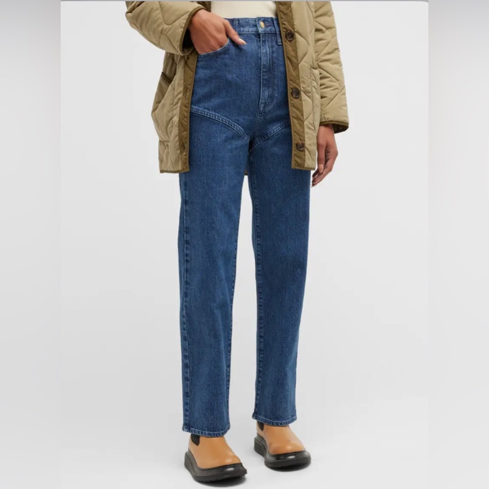 $359 Triarchy Women's Blue Stirrup Seamed Straight Denim Jeans Pants Size 27